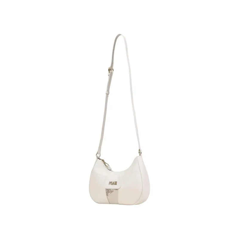 Alviero Martini Prima Classe beige print shoulder bag with zip and sleek white leather crossbody bag with metallic logo accent