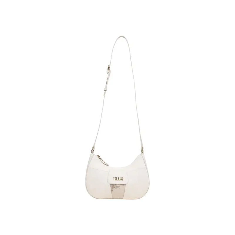 A sleek white crossbody bag with minimalist design metallic accent and pleasur embossed flap for stylish use