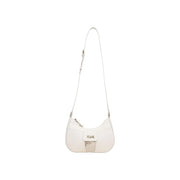 A sleek white crossbody bag with minimalist design metallic accent and pleasur embossed flap for stylish use