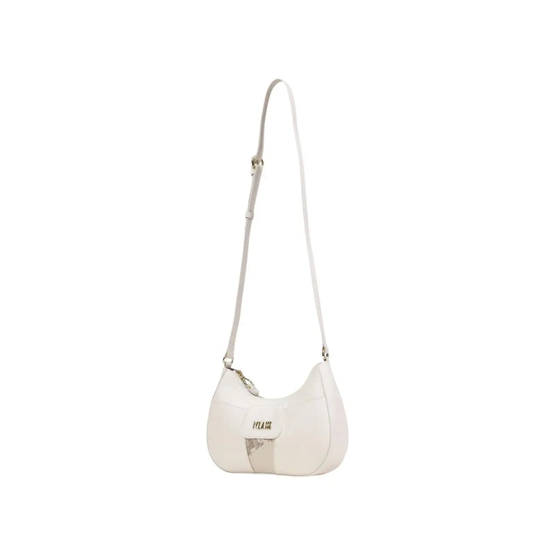 Alviero Martini Prima Classe beige print shoulder bag with zip and sleek white leather crossbody bag with metallic logo accent
