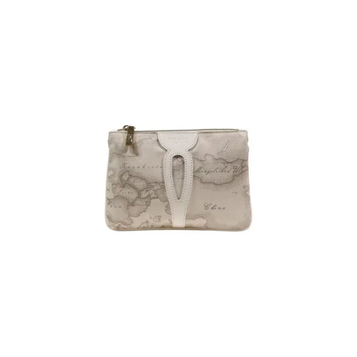 Alviero Martini Prima Classe beige bedruckte Reißverschlusstasche mit weißem Riemen
