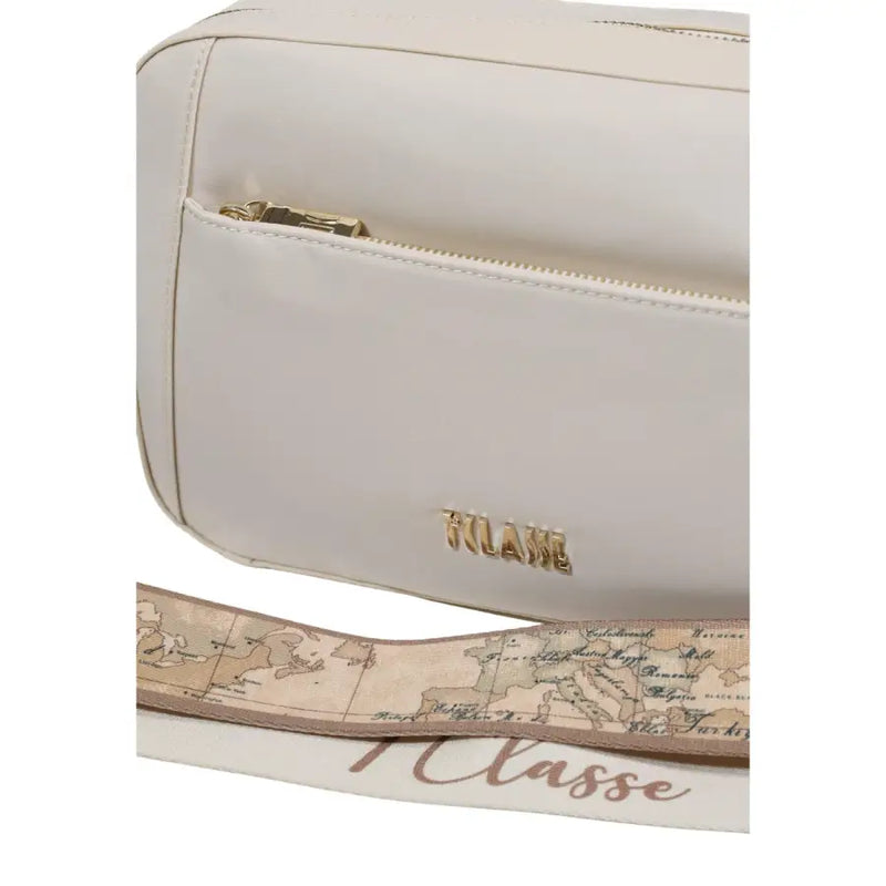 Cream-colored leather alviero martini prima classe shoulder bag with gold-tone zipper and map-patterned strap