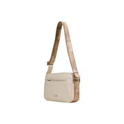 Alviero Martini Prima Classe beige shoulder bag with map-patterned crossbody strap gold-tone hardware and pockets