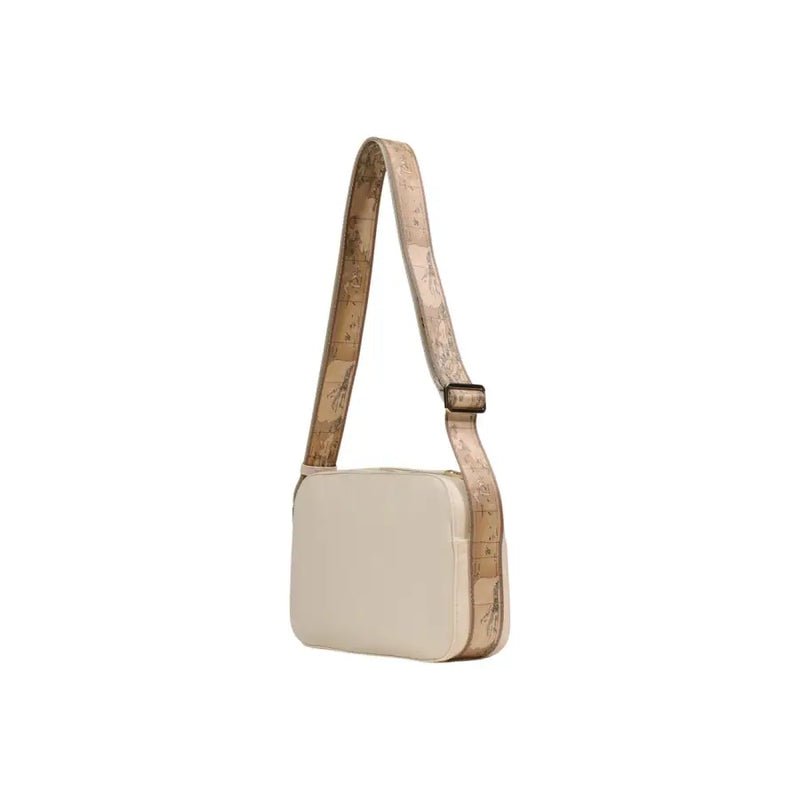 Alviero Martini Prima Classe beige cream-colored rectangular crossbody bag with map-patterned beige and brown strap