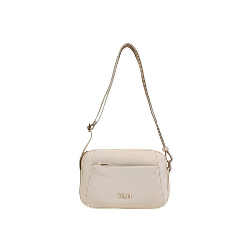 Alviero Martini Prima Classe beige cream-colored tilaye crossbody bag with sleek minimalist design and metallic hardware