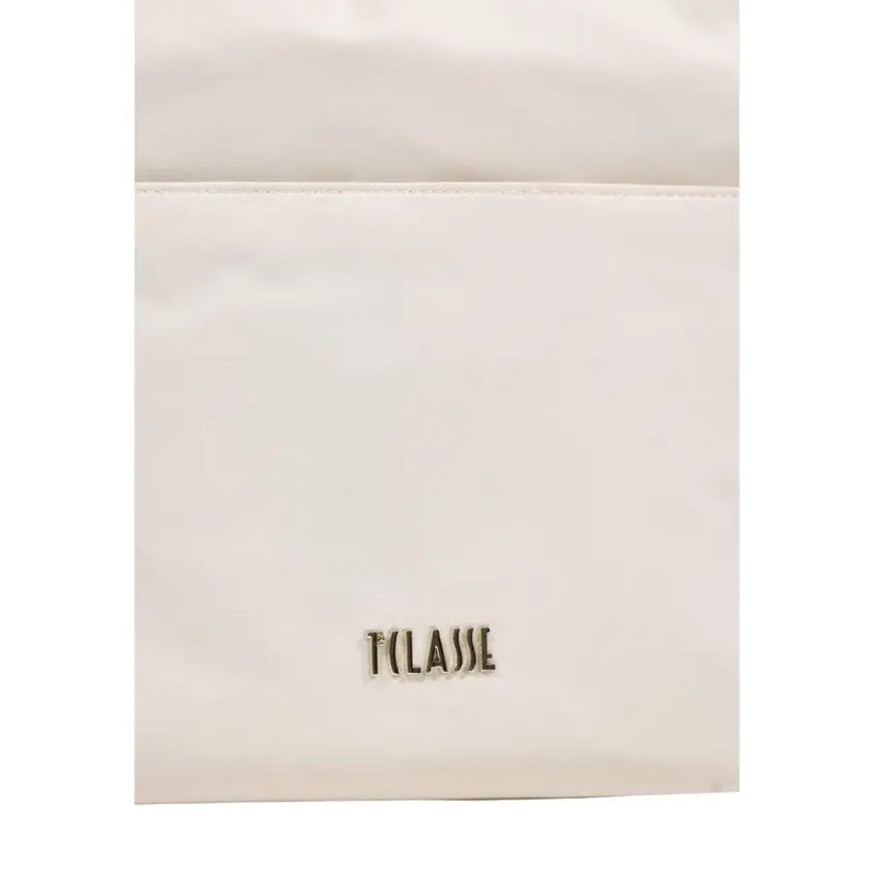 Cream-colored glossy nylon alviero martini prima classe shoulder bag with metallic tclasse logo plaque and zip pocket