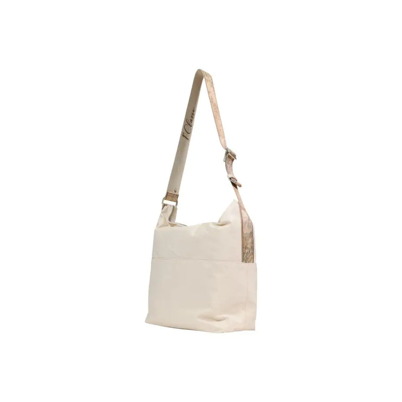 Cream-colored canvas shoulder bag with zip pocket and patterned maison strap alviero martini prima classe beige
