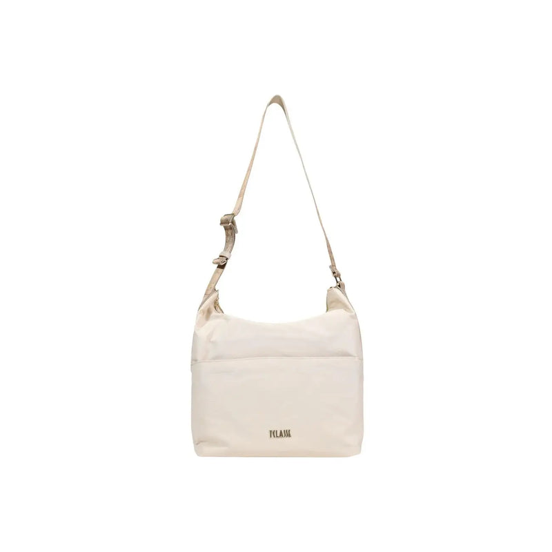 Alviero Martini Prima Classe beige cream-colored nylon shoulder bag with minimalist design and zip pocket
