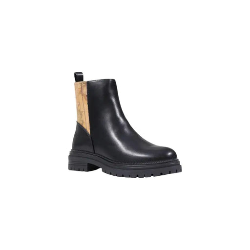 Alviero Martini Prima Classe black leather Chelsea ankle boots with tan cork panel and chunky rubber sole