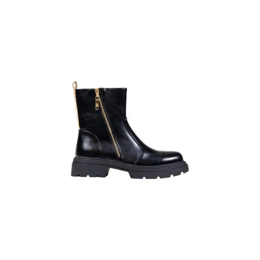 Alviero Martini Prima Classe black leather ankle boot with gold zipper and chunky sole for women