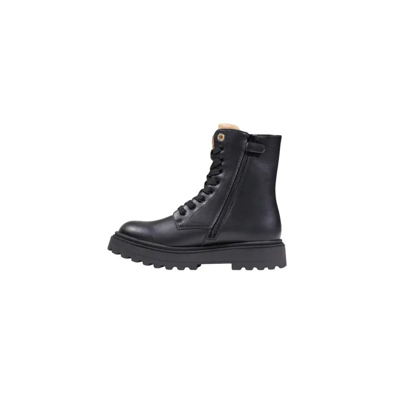 Alviero Martini Prima Classe black leather ankle combat boot with laces and side zipper visible from the back side