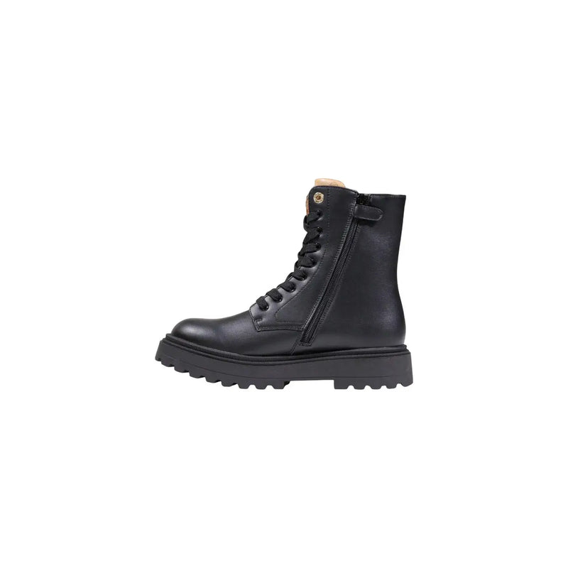 Alviero Martini Prima Classe black leather ankle combat boot with laces and side zipper visible from the back side