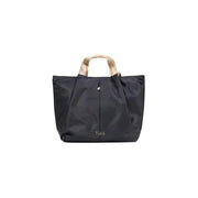 Alviero Martini Prima Classe black nylon tote bag with beige patterned handles and pilasse logo on front with zip pockets