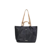 Alviero Martini Prima Classe black nylon tote bag with beige map-patterned handles and zip pockets with tilasie logo