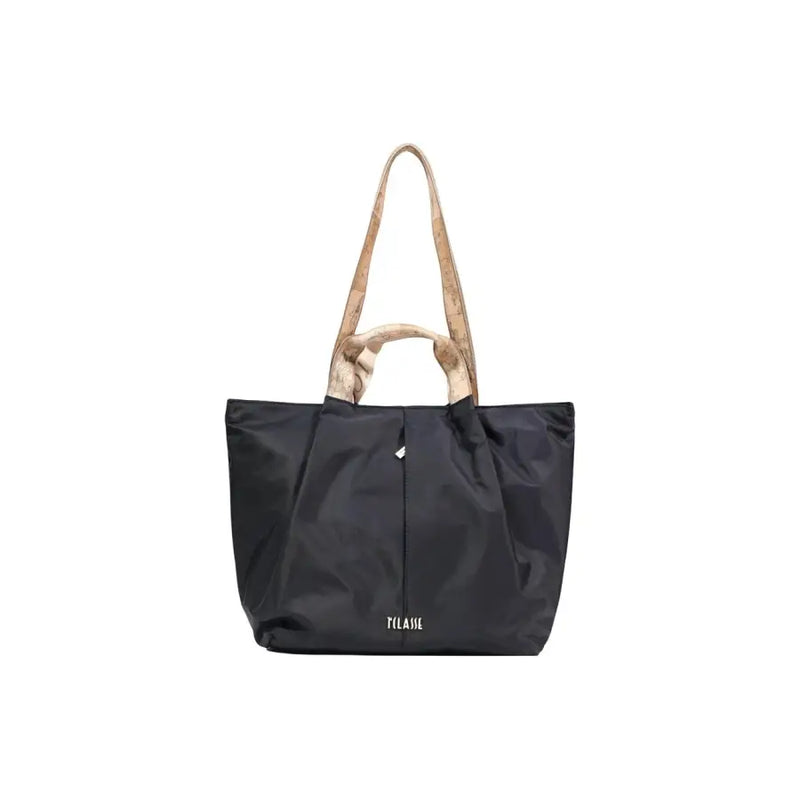 Alviero Martini Prima Classe black nylon tote bag with beige map-patterned handles and zip pockets with tilasie logo
