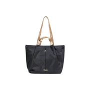 Alviero Martini Prima Classe black nylon tote bag with beige map-patterned handles and zip pockets with tilasie logo