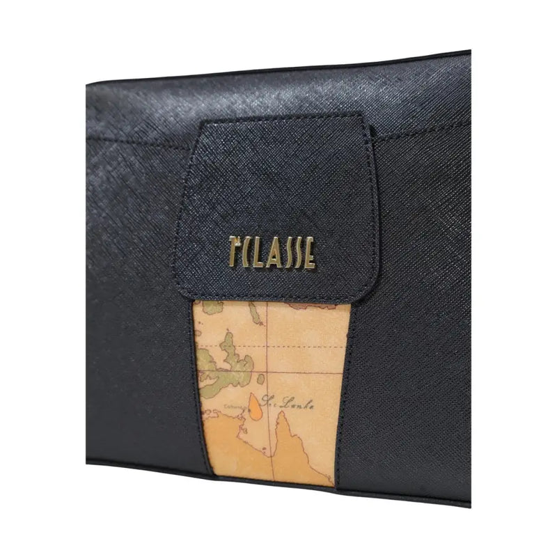 Schwarze Alviero Martini Prima Classe Clutch aus strukturiertem Leder mit Kartenaufnäher