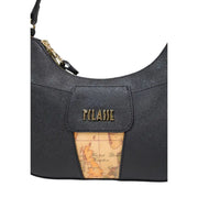 Alviero Martini Prima Classe black textured shoulder bag with vintage map design and gold-tone branding with zip closure