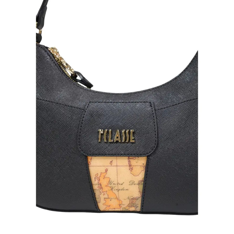 Alviero Martini Prima Classe black textured shoulder bag with vintage map design and gold-tone branding with zip closure