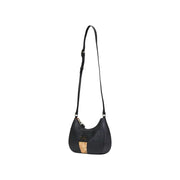 Alviero Martini Prima Classe black leather crossbody bag with cork panel and gold-tone hardware for shoulder wear