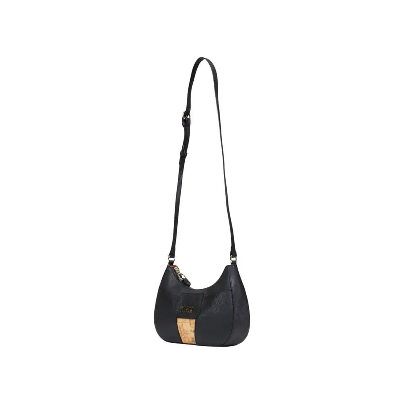 Alviero Martini Prima Classe black leather crossbody bag with cork panel and gold-tone hardware for shoulder wear