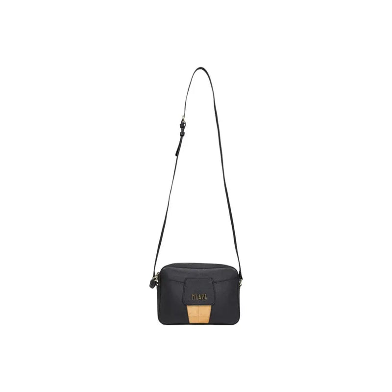 Alviero Martini Prima Classe black crossbody bag with tan leather accent and gold-tone branding with zip closure