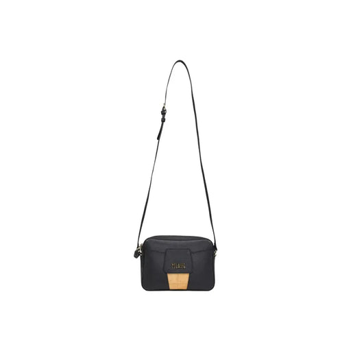 Alviero Martini Prima Classe black crossbody bag with tan leather accent and gold-tone branding with zip closure