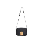 Alviero Martini Prima Classe black crossbody bag with gold-tone logo plaque and tan leather embossed map patch