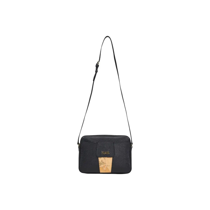 Alviero Martini Prima Classe black crossbody bag with gold-tone logo plaque and tan leather embossed map patch