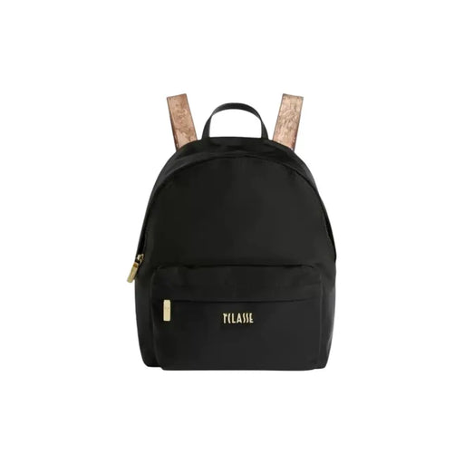 Alviero Martini Prima Classe black nylon rucksack with gold-tone zippers front pocket and cork-colored straps