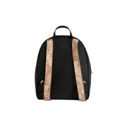 Alviero Martini Prima Classe black rucksack with beige map patterned straps and gold tone zippers with pockets