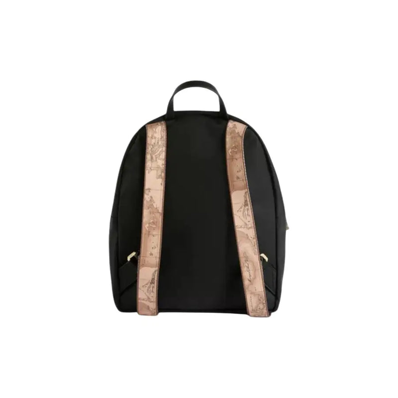 Alviero Martini Prima Classe black rucksack with beige map patterned straps and gold tone zippers with pockets