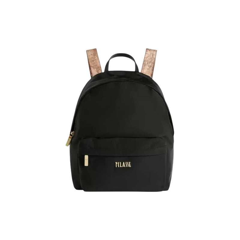 Alviero Martini Prima Classe black nylon rucksack with gold-tone zippers front pocket and cork-colored straps