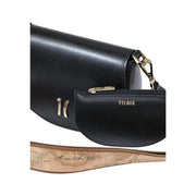 Alviero Martini Prima Classe black leather crossbody bag with gold-tone hardware and map-patterned shoulder strap