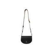 Alviero Martini Prima Classe black leather crossbody bag with gold-tone logo and matching strap for shoulder use