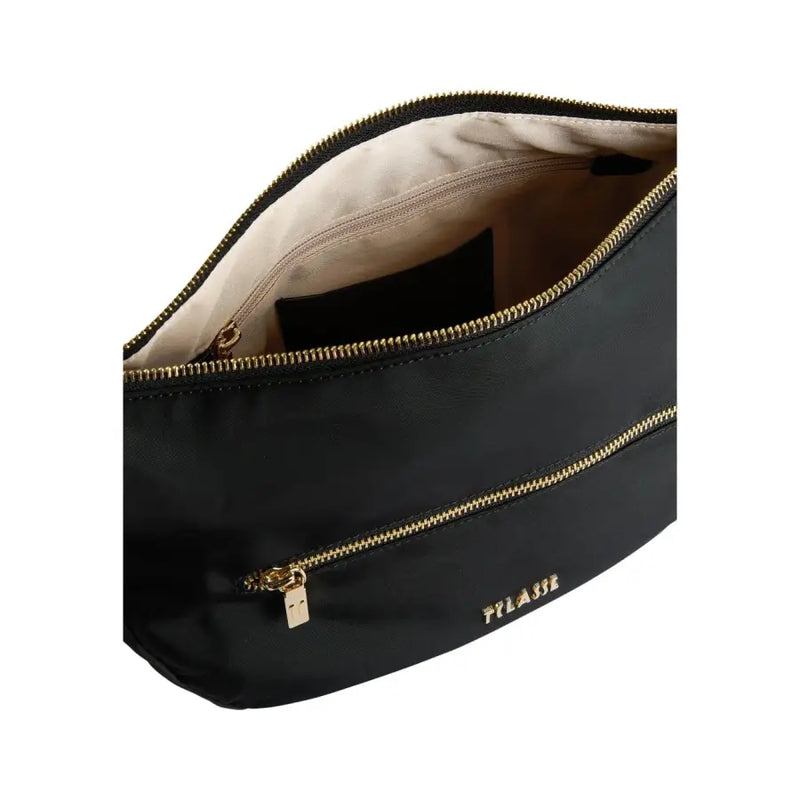 Alviero Martini Prima Classe black nylon crossbody bag with gold-tone zippers and subtle please logo on the side