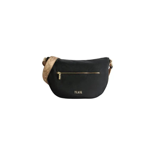Alviero Martini Prima Classe black shoulder bag with gold-tone zipper and tan patterned crossbody strap with pockets