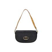 Alviero Martini Prima Classe black leather shoulder bag with gold clasp and map strap