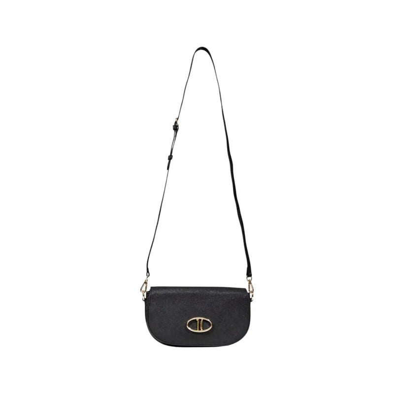 Alviero Martini Prima Classe black leather crossbody shoulder bag for women with gold-tone oval clasp and adjustable strap