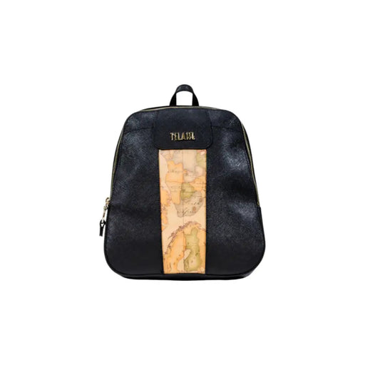 Alviero Martini Prima Classe Black Zip Women Bag with black leather and beige map print panel