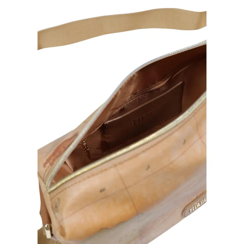 Beige alviero martini prima classe crossbody bag with brown map print gold zipper and leather interior lining