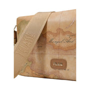Beige Alviero Martini Prima Classe crossbody bag with map print, woven strap, and gold tone milanese logo plaque