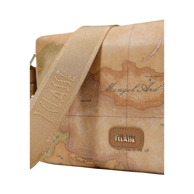 Beige Alviero Martini Prima Classe crossbody bag with map print, woven strap, and gold tone milanese logo plaque