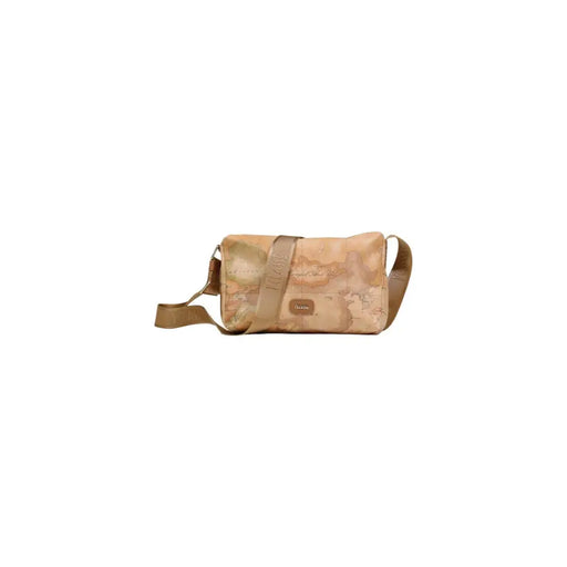 Beige Alviero Martini Prima Classe crossbody bag with vintage world map print and tan fabric strap with zip closure