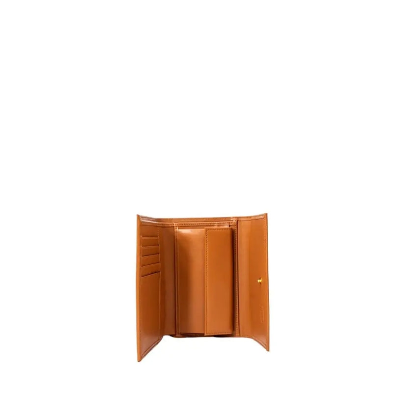 Tan Alviero Martini Prima Classe Camel Leather Trifold Wallet with Gold Clasp