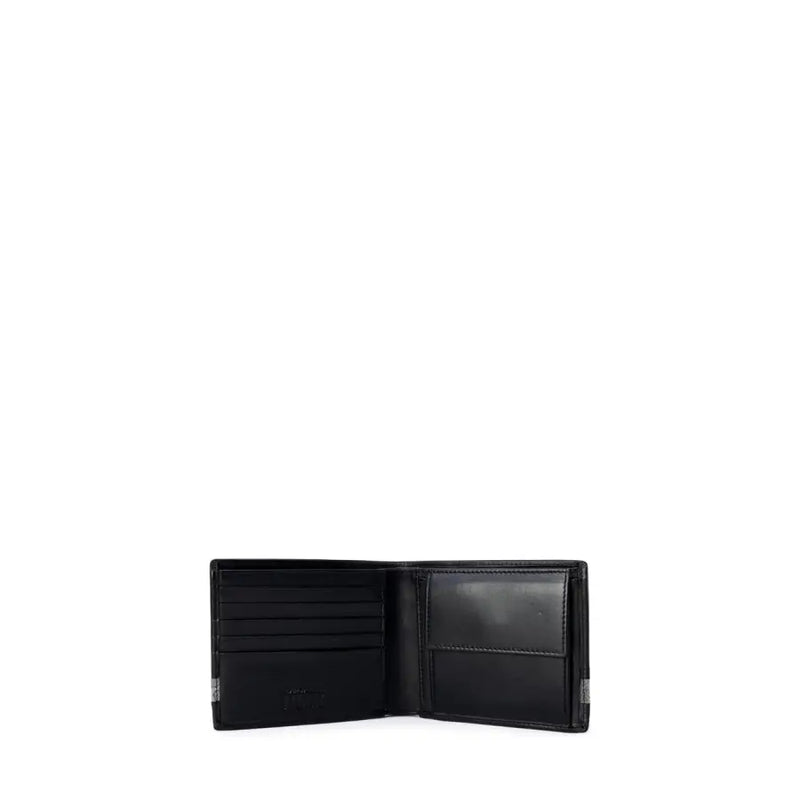 Open black leather bifold wallet with card slots and coin pouch from Alviero Martini Prima Classe