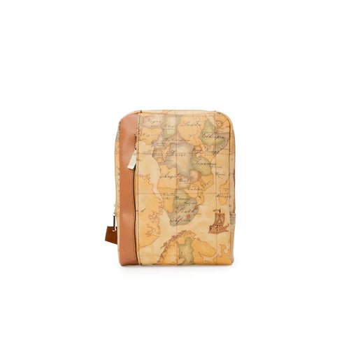 Alviero Martini Prima Classe Herren-Umhängetasche in Beige aus hellbraunem Leder mit Weltkartenprint im Vintage-Stil