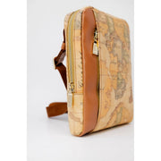 Alviero Martini Prima Classe Herren-Umhängetasche in Beige mit braunem Lederbesatz im Kartenmuster und goldfarbenen Reißverschlüssen