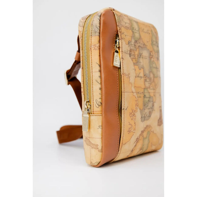 Alviero Martini Prima Classe Herren-Umhängetasche in Beige mit braunem Lederbesatz im Kartenmuster und goldfarbenen Reißverschlüssen