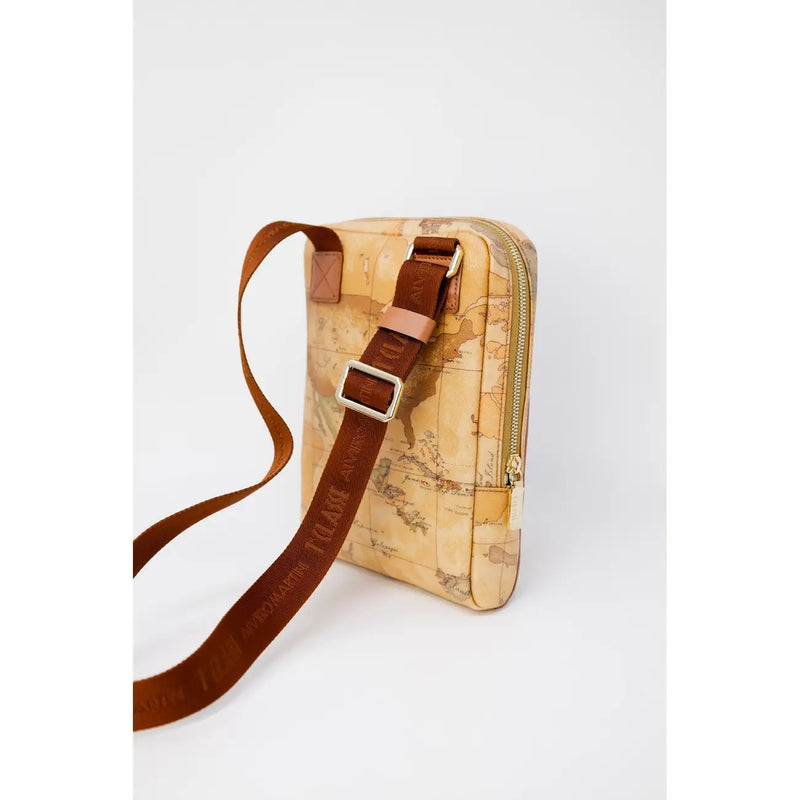 Alviero Martini Prima Classe Herren-Umhängetasche in Beige mit hellbraunem Kartenmuster, braunem Lederriemen und goldfarbenem Reißverschluss
